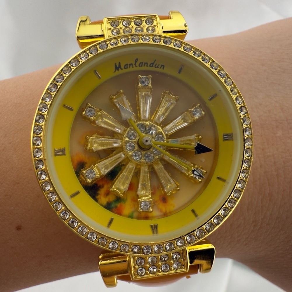 Women’s Gold Rhinestone Dress Watch with Sunburst Dial - Picture 3 of 7